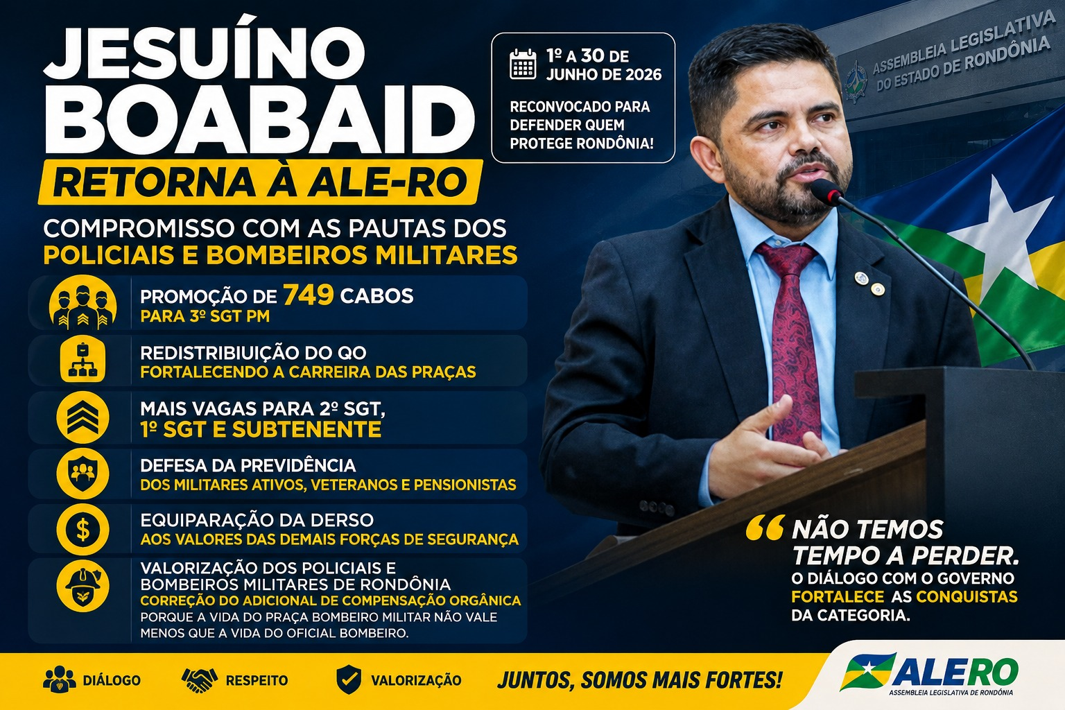 JESUÍNO BOABAID RETORNA À ALE-RO E REFORÇA COMPROMISSO COM AS PAUTAS DOS MILITARES