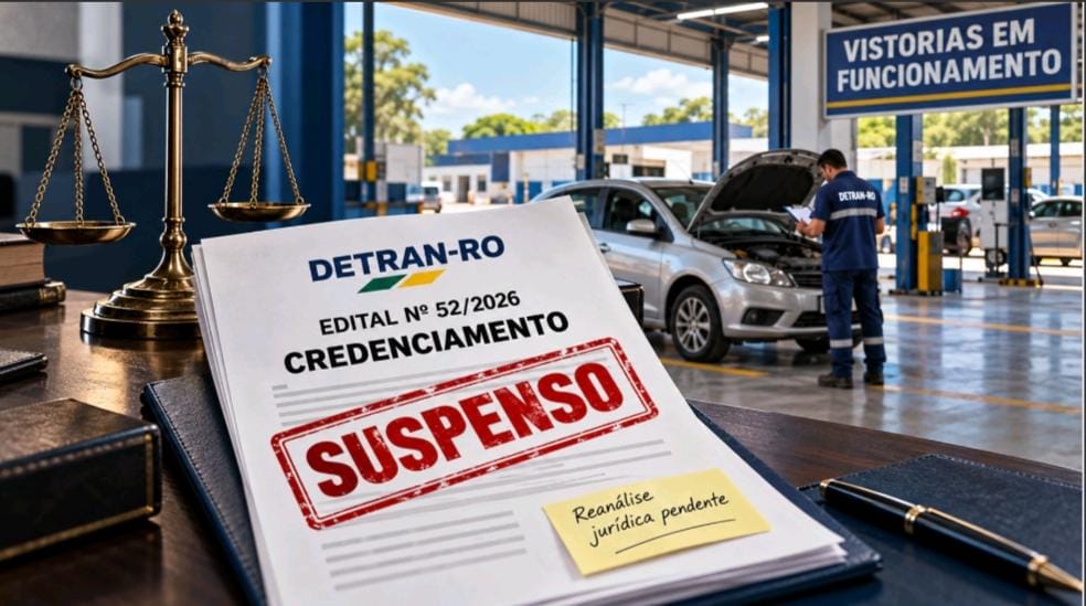 Justiça suspende credenciamento de vistorias do DETRAN-RO: edital saiu sem a nova análise que a Procuradoria exigiu